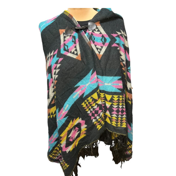 Be Mine NYC Western Print Hooded Poncho, OSFM - Picture 1 of 6